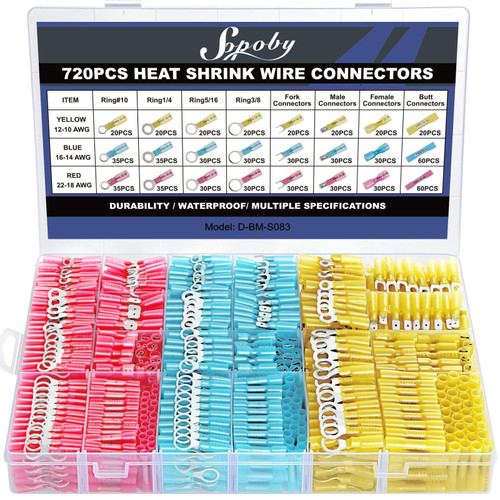 720PCS Marine Grade Heat Shrink Wire Connectors, Sopoby Electrical Connectors Kit of Tinned Red Copper, Waterproof Crimp Insulated Ring Fork Spade Butt Splice AWG 22-10
