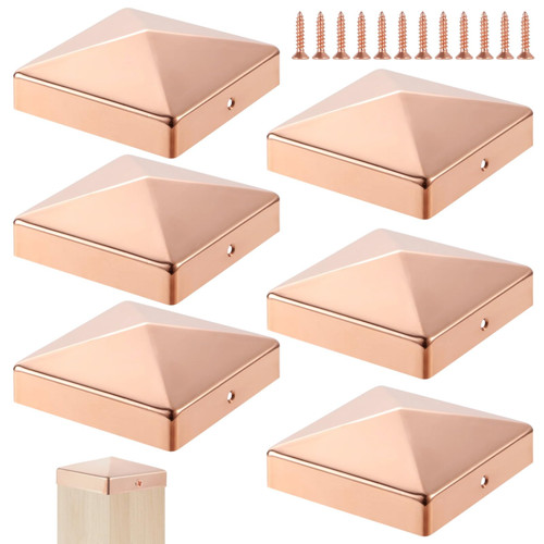 6 Pcs 3.5" x 3.5" Solid Copper Post Cap Fence Post Caps Pyramid Decking Caps with Screw for True/Actual Metal Wood Cedar Fence Deck Corridors Mailbox Posts End Cover