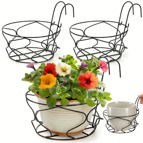 Noamus 3 Pack 10" Hanging Railing Planters Basket, Round Iron Rack Fence Shelf, Metal Wire Flower Pot Holder, Plants Hangers with Detachable Hook for Balcony Garden Indoor and Outdoor (Black)