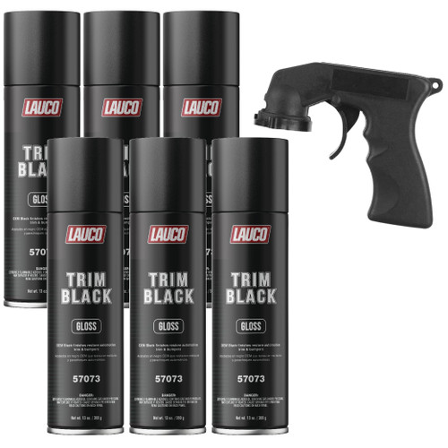 LAUCO Trim Black Gloss 13 oz. Automotive Spray Paint Can with Gun - Pack of 6 - Black Car Spray Paint with Gloss Finish - Designed for Plastic, Aluminum, Steel and Stainless Steel 57073