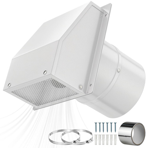 8 Inch Galvanized Steel Hooded Wall Vent Cover with Screen & Damper - Outdoor Exhaust Vent Cap for Dryer, Bathroom Fan, Range Hood, HVAC Duct - Includes Aluminum Foil Tape & Clamps