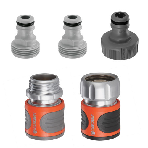 GARDENA 5-Piece Premium Metal Quick Connect Garden Fittings: Hose Attachment Kit for 5/8 Inch or 1/2 Inch Hose - Quickly Attach Sprinklers, Spray Nozzles, and Accessories.