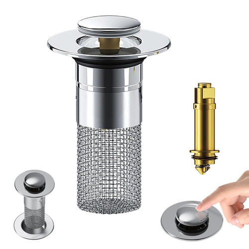 Zehhe Pop Up Bathroom Sink Drain Strainer Hair Catcher, Sink Drain Stopper with Removable Stainless Steel Filter Basket, for US Universal Bathroom Kitchen Basin Sink Stopper Replacement, Silver