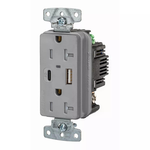 Bryant Electric 20-Amp, 125-Volt USBB20ACPDGY Type A and C USB in-Wall Charger Outlet,Tamper-Resistant, Gray