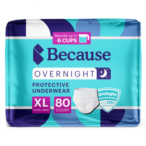 Because Overnight Absorbency Pull Ups - Adult Disposable Incontinence Underwear, Extra Absorbent Nighttime Briefs for Men and Women, White, XLarge, 80 Count (4 Packs of 20) Because Overnight Absorbency Pull Ups - Adult Disposable Incontinence Underwear, Extra Absorbent Nighttime Briefs for Men and Women, White, XLarge, 80 Count (4 Packs of 20)