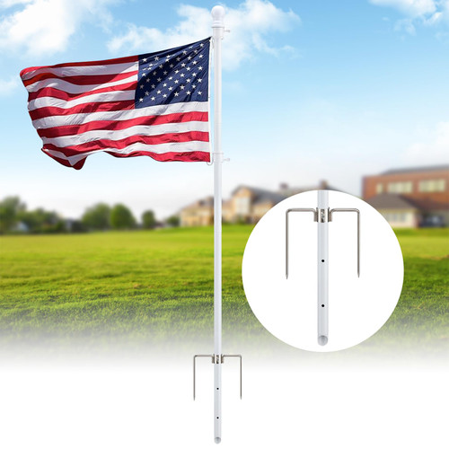 CogardenShower Heavy Duty Ground Flag Pole Kit with 3x5 US Flag - 8.5FT Tangle Free Yard Flag Pole with Anti-Tip Windproof Prong, Portable for Outside House, Yard, Outdoor, Camping - White (1 Pack)