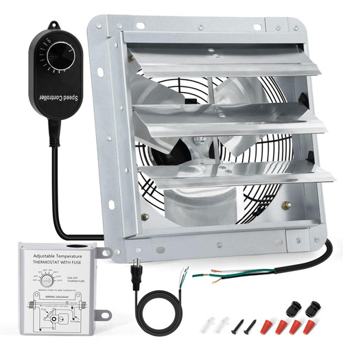 Criditpid 7 Inch Shutter Exhaust Fan, 760 CFM High Speed Wall Mounted Fan, Attic Vent Fan with Speed Controller and Thermostat for Greenhouse, Garage, Warehouse, Basement, Chicken Coop Ventilation