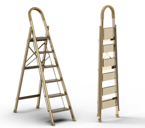 GameGem Lightweight Aluminum 6 Step Ladder for 12 Feet High Ceiling, Folding Step Stool Stepladders with Anti-Slip and Wide Pedal for Home and Kitchen Use Space Saving (Gold)