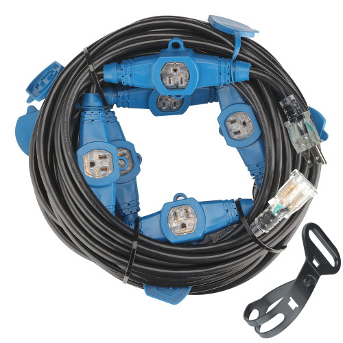 50 Feet Multi Outlet Extension Cord 16 Gauge,7 Nema 5-15R Evenly Spaced Outlets with Blue Indicators,Male Plug to Female Connector,Erboelec,ETL Listed