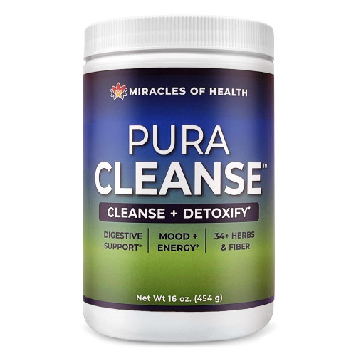 Miracles of Health Pura Cleanse - The Original & Authentic Formula | 100% Natural Super Herb & Fiber Drink Mix for a Healthy Gut | Daily Detox & Cleanse for The Colon, Skin, Lungs and Kidneys | 16 oz