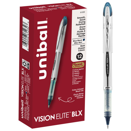 uniball Vision Elite BLX Rollerball Pens, Bold Point (0.8mm), Blue BLX Ink, 12 Pack