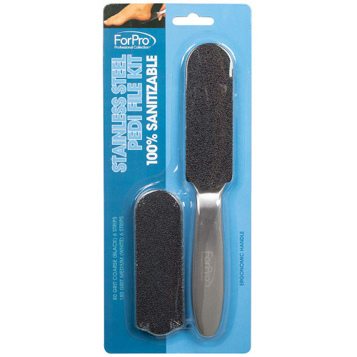 ForPro Professional Collection Stainless Steel Pedi File Kit - 100% Sanitizable Pedicure File for Heels and Feet - Includes Six Black 80 Grit and Six White 180 Grit Refill Strips- 8.5" L