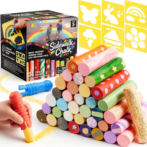 JOYIN 36PCS Washable Sidewalk Chalk Set for Kids, Glitter & Neon Non-Toxic Chalk with Mess-Free Holders & Drawing Stencils, Outdoor Play for Toddlers, Painting on Chalkboard, Blackboard and Playground