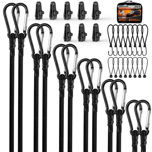 Black Bungee Cords Assorted Sizes,36 PCS Bungee Cord Heavy Duty Outdoor,8",12",18",24",36",48",60" Bungee Cords with Hooks & Carabiner Strap,6 Inch Bungee Balls,Tarp Clips with Carry Bags