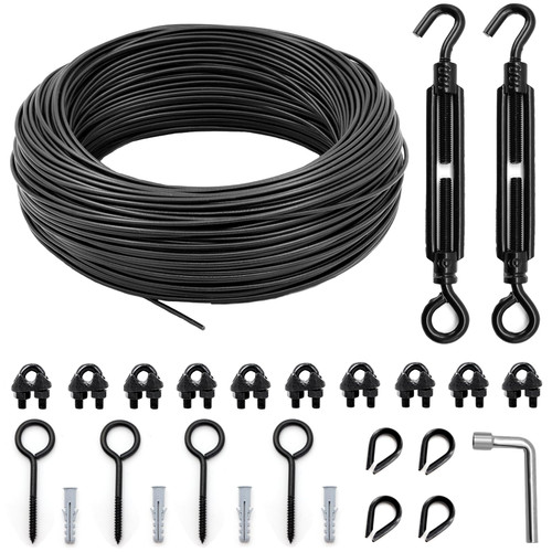 hannger String Light Hanging Kit Outdoor, Full Black Globe String Lights Suspension Kit w/ 50FT PVC Coated Steel Cable & Enough Accessories, Guide Wire for String Lights, Patio Lights, Camping Light