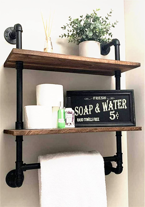 LoftPaipes Industrial Pipe Bathroom Shelf,Rustic Wood Wall Mount Shelf with Towel Bar,24" Black Matte Towel Racks,2 Tiered Metal Floating Shelves Shelving Iron Towel Holder