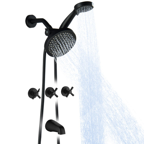 LIWEIKE 3 Handle Tub Shower Faucet, Matte Black Three Handles and Tub Spout Faucet Set Black Shower Faucet 3 Knob Brass Rough-in Valve