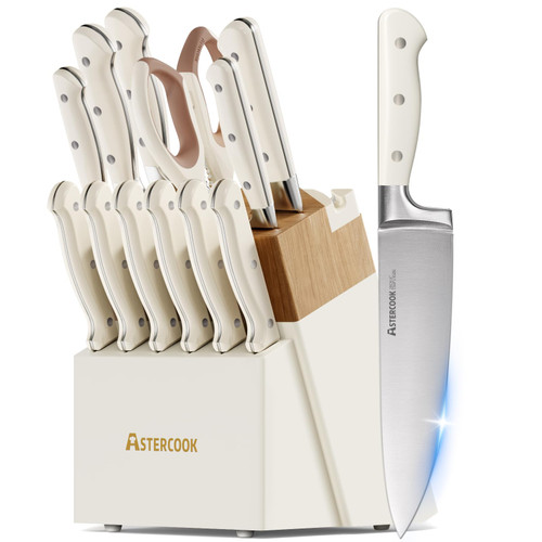 Knife Set,Astercook Kitchen Knife Set with Block 14-Piece Full Tang Stainless Steel Knives with Sharpener Dishwasher Safe and Anti-Slip Ergonomic Handle Utensils Set