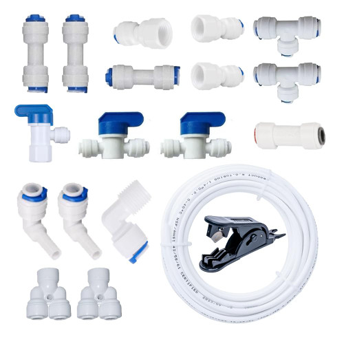 RO System 1/4" O.D. Push in Fittings and 25ft NSF Certified Water Line Kit, 19pc for Reverse Osmosis Filter Setup