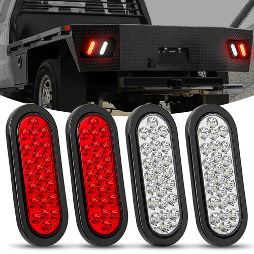 Nilight 6Inch Oval Trailer Tail Light 4PCS White Red 24LED Brake Turn Signal Reverse Lights w/Flush Mount Grommets Plugs IP67 Waterproof for 12V Truck ATV UTV Bus RV Camper