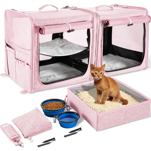 Suertree Extra Large Cat Carrier for 2 Cats with Travel Litter Box, 2-in-1 Foldable Soft Pet Car Travel Carrier with Zipper Locks for Multiple Cats Small Dogs Up to 45 Lbs, Pink