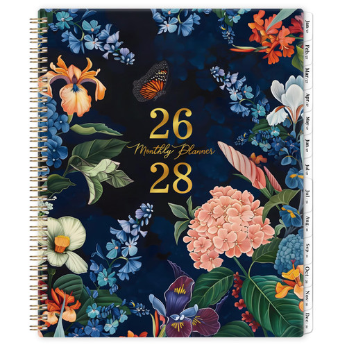 Monthly Planner/Calendar 2026-2028 - Monthly Calendar 2026-2028, July 2026 - June 2028, 9" x 11", 2 Years monthly Planner with Tabs, Contacts + Back Pocket + Twin-wire Binding - Floral