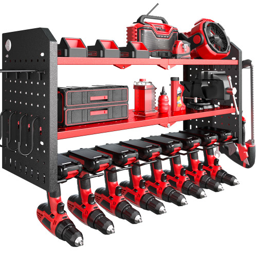 Nacial Power Tool Organizer Wall Mount, 8 Drill Holder Wall Mount with 3 Layer Cordless Drill Holder, Heavy Duty Tool Rack with 12 Hooks, Power Tool Storage for Garage Organization, Father's Day Gifts