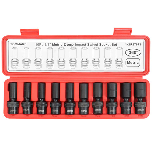 TOMMARS 3/8" Drive Universal Swivel Impact Socket Set Deep, 6 Point Wobble Flexible Socket Set Metric 10-19 mm CR-MO Steel
