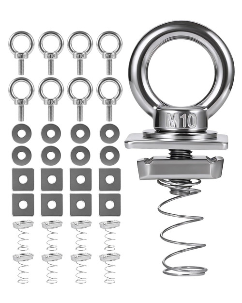 Strut Channel Nut and Eye Bolt Set - Heavy Duty Stainless Steel Eye Bolts M8, M10 | Zinc Plated Spring Nuts, Long Spring for Unistrut, M10, Pack of 8