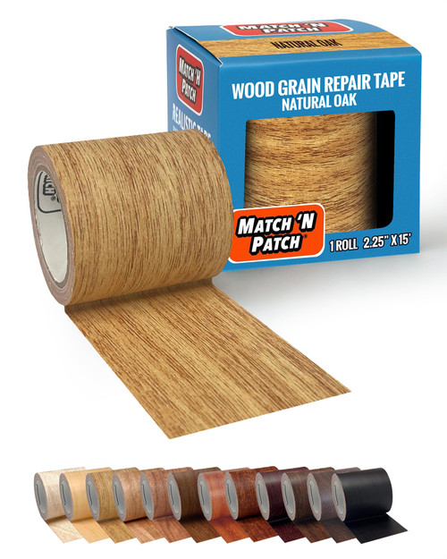 MATCH 'N PATCH Wood Grain Repair Tape - Natural Oak, 2.25 in x 15 ft (1-Pack) – Wood Grain Colored Duct Tape for Mirror Frame, Trim, Borders, Floor and Other Furniture, Scratch Repair Kit