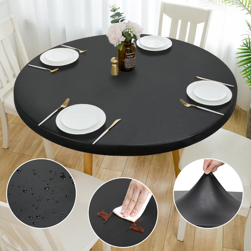 Rinpon Double Fitted Design PU Round Fitted Tablecloth, Anti-Tear Wipeable Elastic Round Tablecloth, Soft-Touch Fitted Table Cloth, Waterproof Oil-Proof Table Cover (Black, 53"-56" Round)