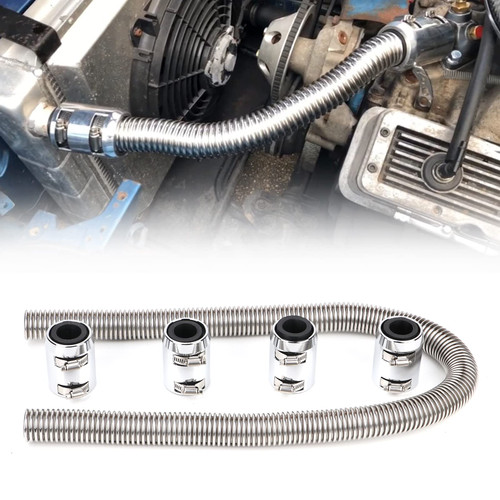 iRKY 48" Flexible Radiator Hose Stainless Steel Universal Water Hoses Adapter Coolant Radiator Hose Kit With 4Pcs Chrome Caps (8 Clamps, Silver)