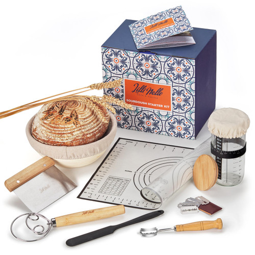 Sourdough Starter Kit all-in-one 18PCS, Premium Sourdough Bread Baking Supplies, Banneton Bread Proofing Basket Round 9in Rattan Hand-made, Sourdough Starter Jar 22OZ, Baking Gift Set