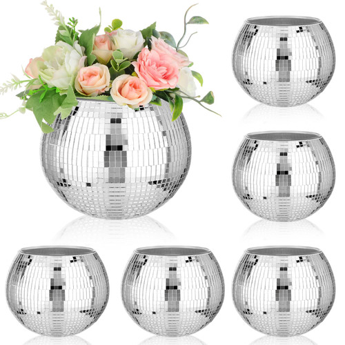 Inbagi 6 Pcs Disco Ball Planter Disco Ball Vase Centerpieces Mirror Glass Flower Vase Decor Bulk for Wedding Birthday Party Bedroom Kitchen Office