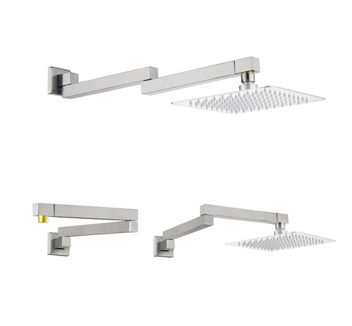 18.5 Inches Straight Extended Pivoting Shower Arm With Flange, Rain Shower Head Extension Arm, Square 360°Swiveling Foldable Shower Arm, Wall-Mounted Brushed Nickel Stainless Steel