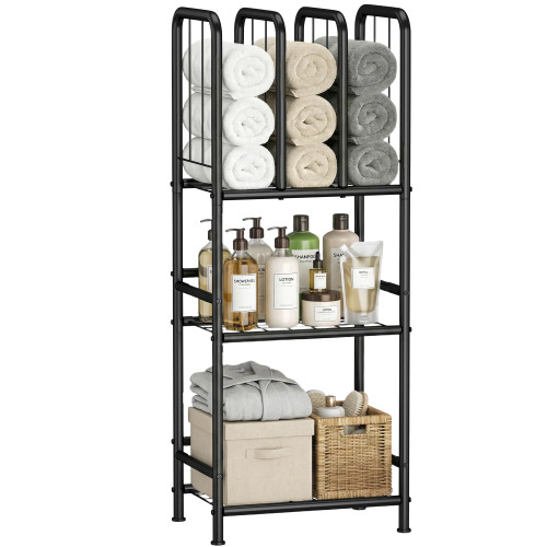 STORAGEIDEAS 3 Tier Towel Racks for Bathroom with Dividers, Free Standing Metal Towels Holder Stand with Shelf, Towel Storage Organizer Bathroom Shelf, Metal Shelving Unit, Pool Towel Rack, Black