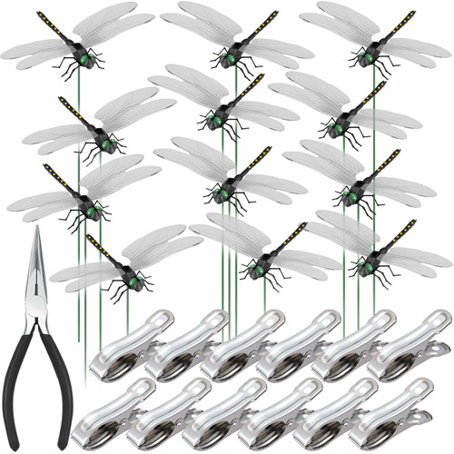 NiHome 12-Pack Large Dragonfly Clip Decoration Set for Garden, Hat, Pet, Indoor & Outdoor Display, Easy Installation Realistic Waterproof PVC Dragonflies (Black)