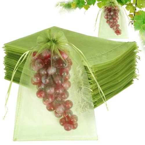 100pcs Fruit Protection Bags 8x12 inch, Green Netting Cover Bags Drawstring Mesh Fruit Protectors Pest Barrier for Grapes Mango Trees Veggies Garden