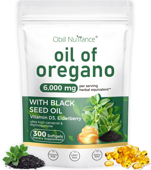 Oil of Oregano Softgels,300 Count, 4-in-1 Oil of Oregano with Black Seed Oil, Vitamin D3 & Elderberry for Immune & Digestive Health, Oregano Oil Capsules Organic, High Carvacrol & Thymoquinone,Non-GMO