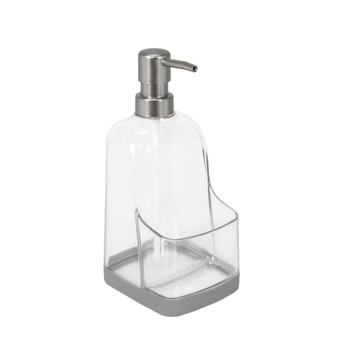 Spectrum Cora Kitchen Soap Dispenser with Sponge Holder for Kitchen Sink Organization, Easy to Clean Soap Pump Sponge Holder Storage Compartment Plastic Sink Caddy with Rubber Grip Base, Gray & Clear
