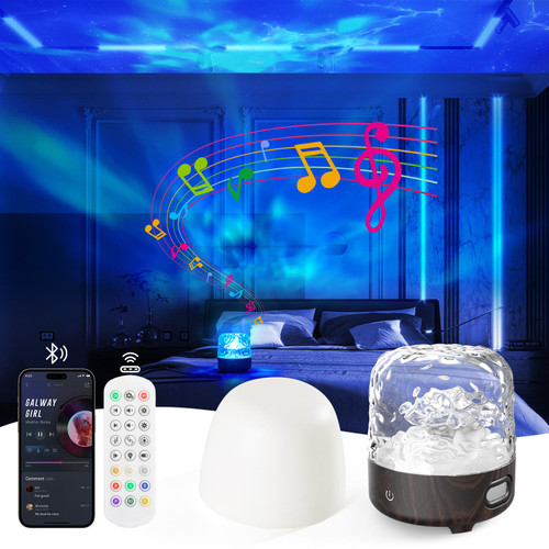 Ocean Wave Projector Light, Mood Lighting, Northern Lights Projector with Various RGB Light Effects, Built-in Bluetooth Speaker, Wireless Rechargeable for Bedroom, Bathroom, Living room, Party,Camping
