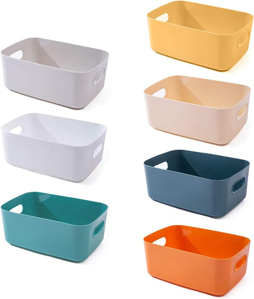 OWill 7 Pack Plastic Storage Bins, 4.2L Small Organizer Baskets with Handles, Pantry Cabinet Bathroom Classroom Storage Containers, Colorful Shelf Bins for Home Kitchen Closet Organization