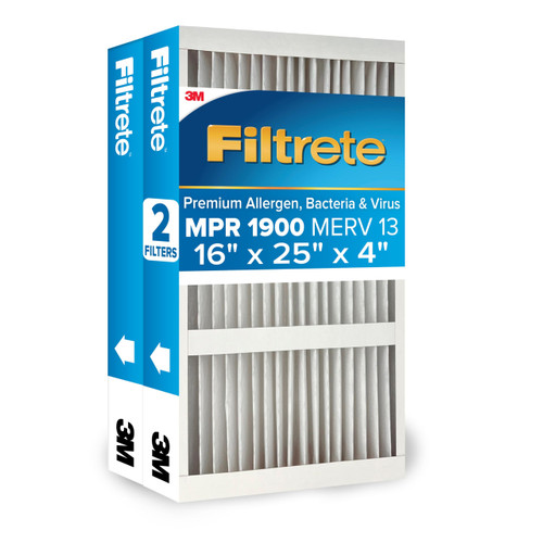 Filtrete 16x25x4 AC Furnace Air Filter, MERV 13, MPR 1900, Premium Allergen, Bacteria & Virus Filter, Electrostatic Air Cleaning Filter, 2-Pack (Actual Size 15.44 x 24.62 x 4.31 in)