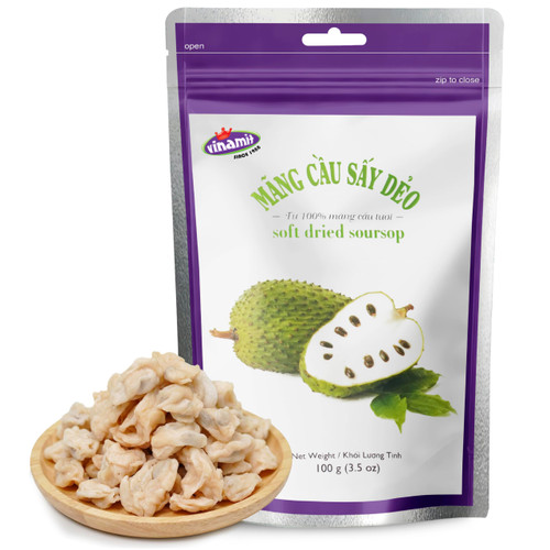 Vinamit Soft Dried Soursop Fruit 3.5 oz Bag | Vegan Chewy Natural Fruit Snack | Vietnamese Graviola Guanabana | High Fiber Antioxidant | Dried Fruit for Adults, Kids, Travel, Gifting