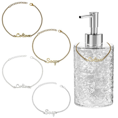 OLYCRAFT 4 Pcs Soap Chain Labels Lotion and Soap Dispenser Chain Labels Gold Silver Soap Tags Lotion Bottle Tags for Farmhouse Rustic Decor Bathroom Kitchen