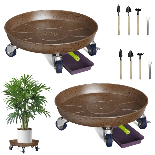 Ganggend 15.7" Metal Plant Caddy, Heavy Duty Planter Pot Mover with Iron Lockable Wheels and Drain Hole, Large Rolling Dolly Planter Caddy Flower Pot Indoor and Outdoor Flowerpot Tray (2pcs)
