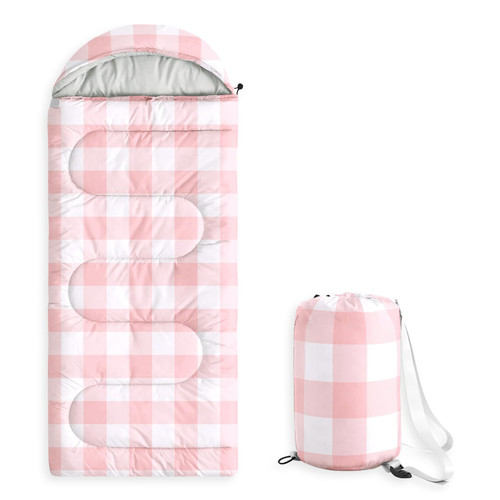 Wake In Cloud - Kids Sleeping Bag for Boys Girls Toddlers, Camping in Warm Cold Weather, Backpacking Lightweight Compact Outdoor Liner for 3 Seasons, Gingham Plaid, Pink