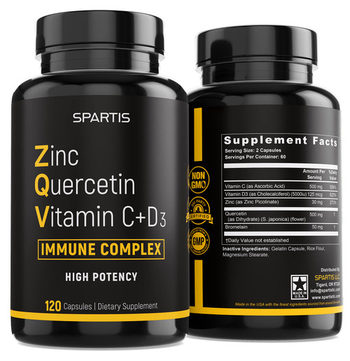 Zinc Quercetin 500mg with Vitamin C Vitamin D3 Bromelain Immune Support High Potency Quercetin Zinc Supplement ZQV by SPARTIS (Pack of 1 Bottle at 120-Caps) Zinc Quercetin 500mg with Vitamin C Vitamin D3 Bromelain Immune Support High Potency Quercetin Zinc Supplement ZQV by SPARTIS (Pack of 1 Bottle at 120-Caps)