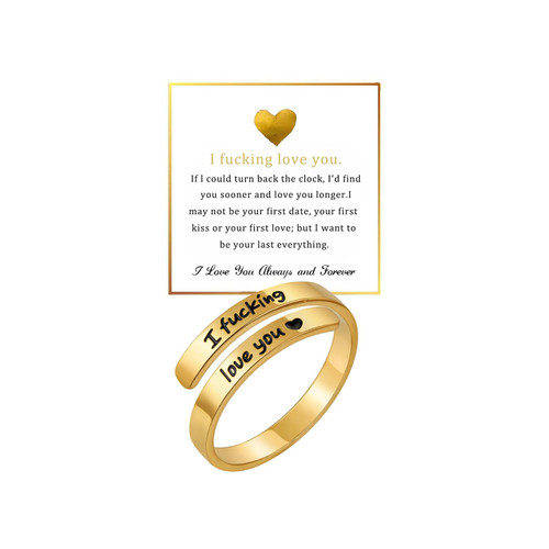 DivaGlamz I Fcking Love You Ring For Women, Adjustable Stainless Steel Engraved Heart Spiral Wrap Twist Vintage Promise Rings To My Girlfriend/Wife Birthday Gifts Jewelry (Fcking-Gold)