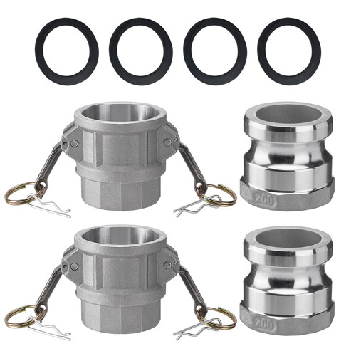 SPARKWHIZ 2 PCS Aluminum Camlock (2" part D) Cam & Groove Hose Fittings+2 PCS Aluminum Global Type A Cam and Groove Hose Fitting+with 4 PCS Camlock Gasket Fitting (2")